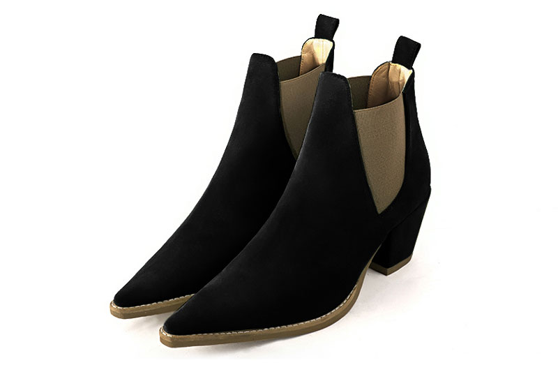 Matt black and taupe brown women's ankle boots, with elastics. Pointed toe. Medium cone heels. Front view - Florence KOOIJMAN